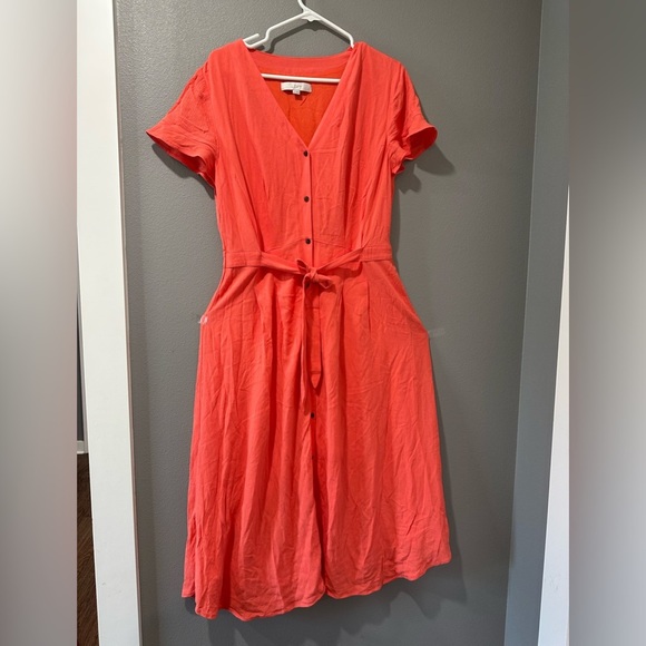 Loft Orange Belted Pocket Midi Dress size 10 - Picture 2 of 6